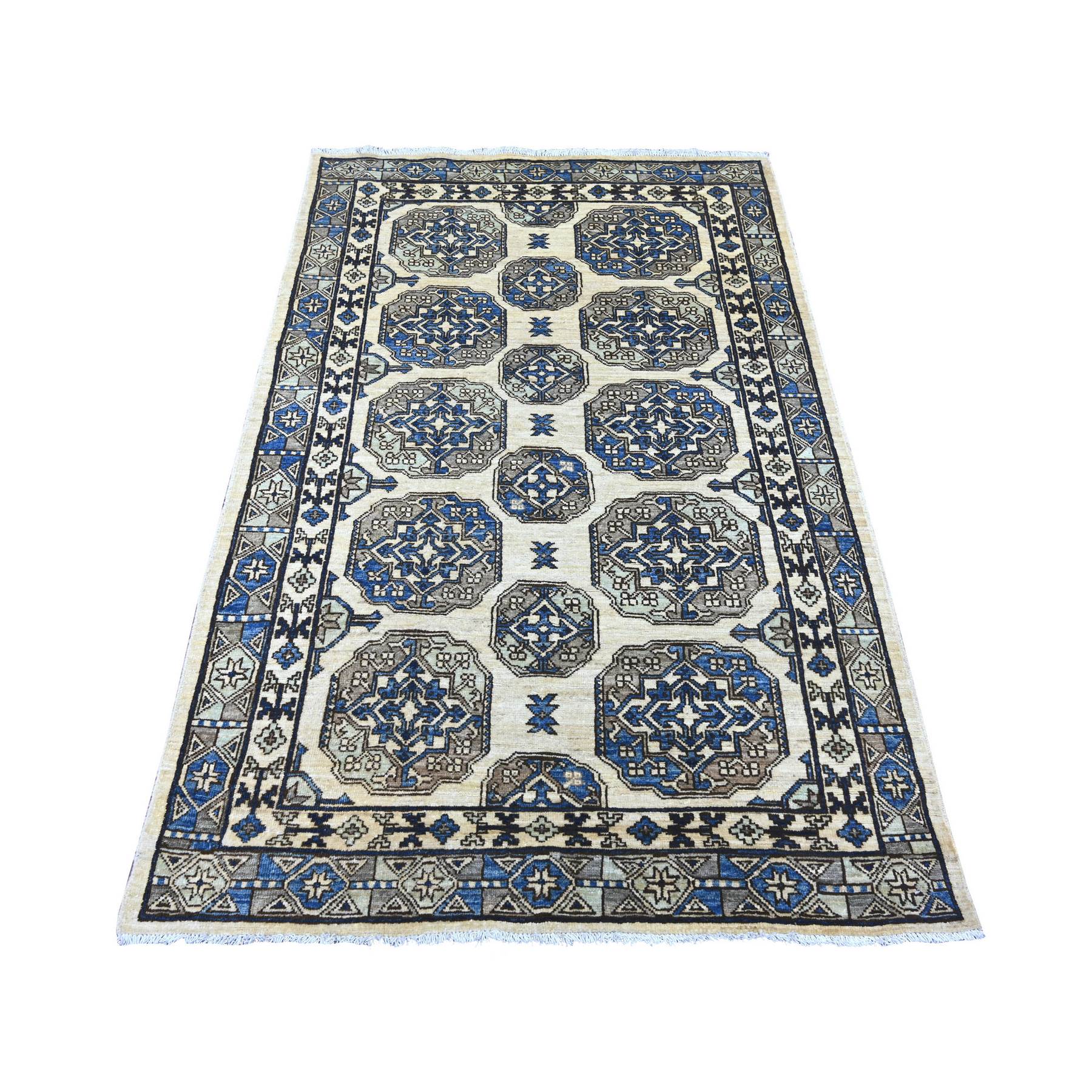 4'x6' Pearl White, Hand Knotted, Afghan Ersari with Elephant Feet Design, Natural Dyes, Denser Weave, Pure Wool, Oriental Rug 